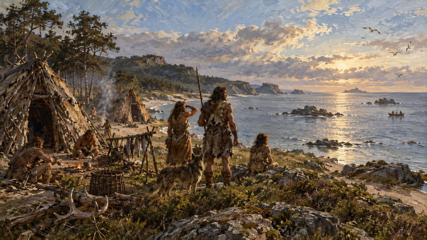 Oil-painting-style illustration of a coastal Mesolithic camp at sunset: bark-covered A-frame huts among pines, fish drying on a rack beside a small fire, and three people and a dog looking out over a rocky shore to a boat on the sea.