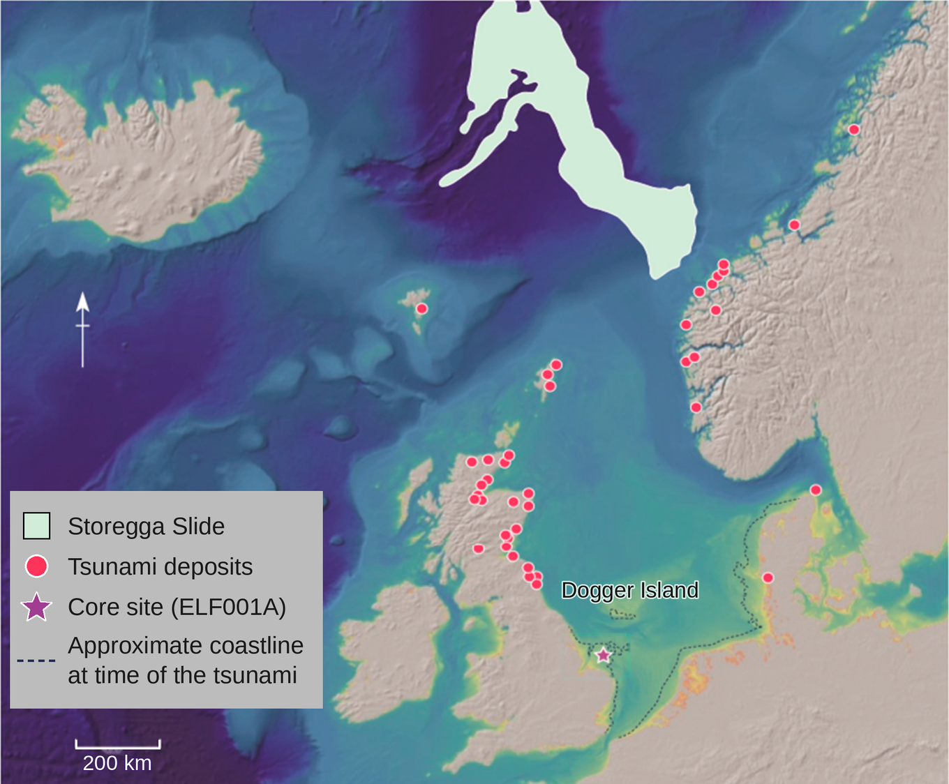 Map of the North Sea and Norwegian Sea. The Storegga Slide is shown off Norway. Red dots mark tsunami deposits along the Norwegian coast, the Faroe Isles, Shetland, Scotland, north-east England and Denmark. A star marks the core site in the southern North Sea, and a dotted line shows the approximate coastline at the time of the tsunami.